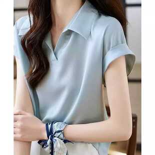 欧货冰丝醋酸绸面Polo领t恤女夏翻领上衣薄如肌法式V领高级感短袖