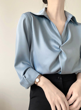 春秋法式醋酸缎面蓝色衬衫女装设计感小众高级感衬衣别致气质上衣
