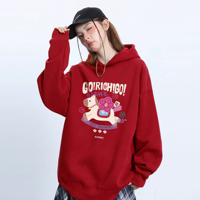 大码300斤红色连帽卫衣女