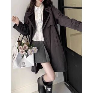 大码300斤韩版学院风翻领风衣外套女胖MM中长款宽松通勤显瘦上衣
