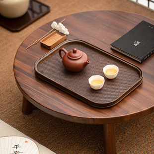 复古竹制托盘海棠形编织席面茶托盘日式高档干泡台茶奉茶盘壶托盘