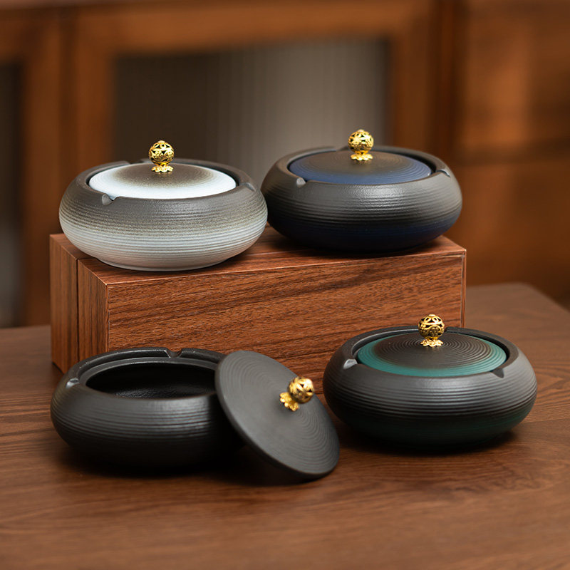 陶瓷烟灰缸带盖家用时尚简约客厅烟缸摆件创意个性潮流防飞灰