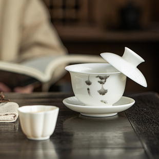 羊脂玉瓷三才盖碗悬停盖碗功夫茶具套装陶瓷喝茶碗茶道茶艺零配