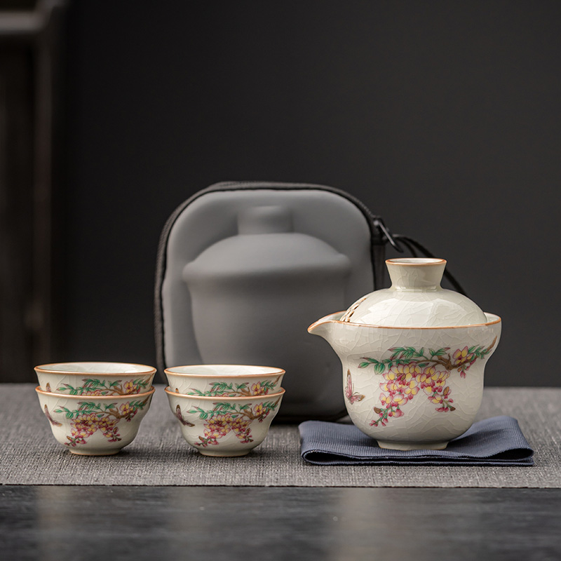 陶瓷汝窑快客杯便携包式一壶四杯功夫旅行茶具套装户外泡茶壶创意