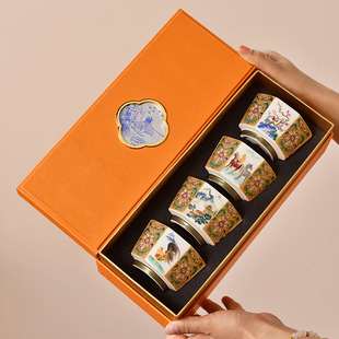 珐琅彩八方杯陶瓷主人杯个人专用茶杯品茗杯高端喝茶杯子礼盒套装