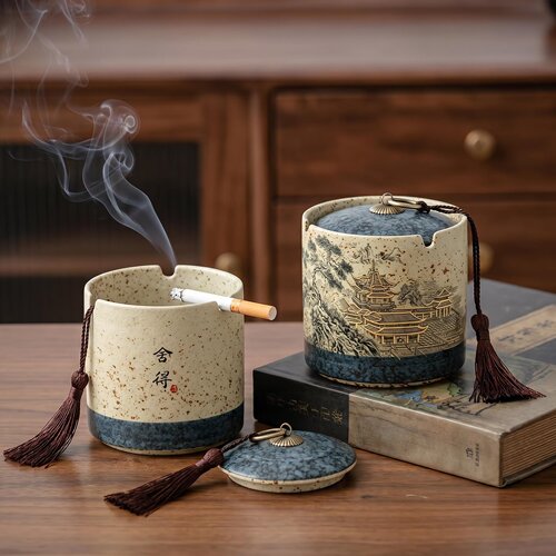 带盖陶瓷烟灰缸中式青花茶水缸茶