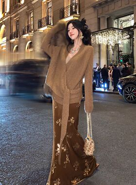 【金玉簇】国风新中式亮片丝绒刺绣鱼尾中长款半裙女