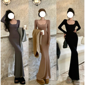 显瘦连衣裙女秋季 纯欲辣妹性感方领长袖 修身 打底包臀裙子紧身长裙