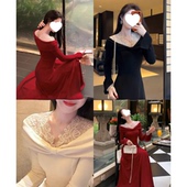 气质喇叭袖 圣诞穿搭法式 针织连衣裙女冬装 蕾丝长裙