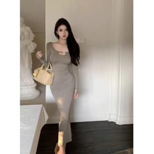 秋季 纯欲风御姐打底包臀长裙女秋冬甜美气质收腰镂空心机连衣裙子