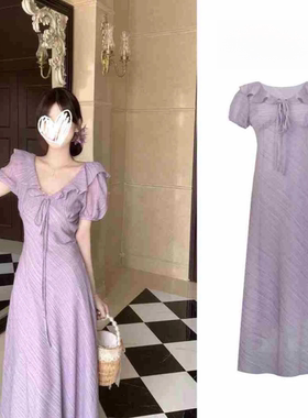 法式温柔风荷叶边紫色连衣裙女V领泡泡袖系带收腰显瘦长裙 D8125