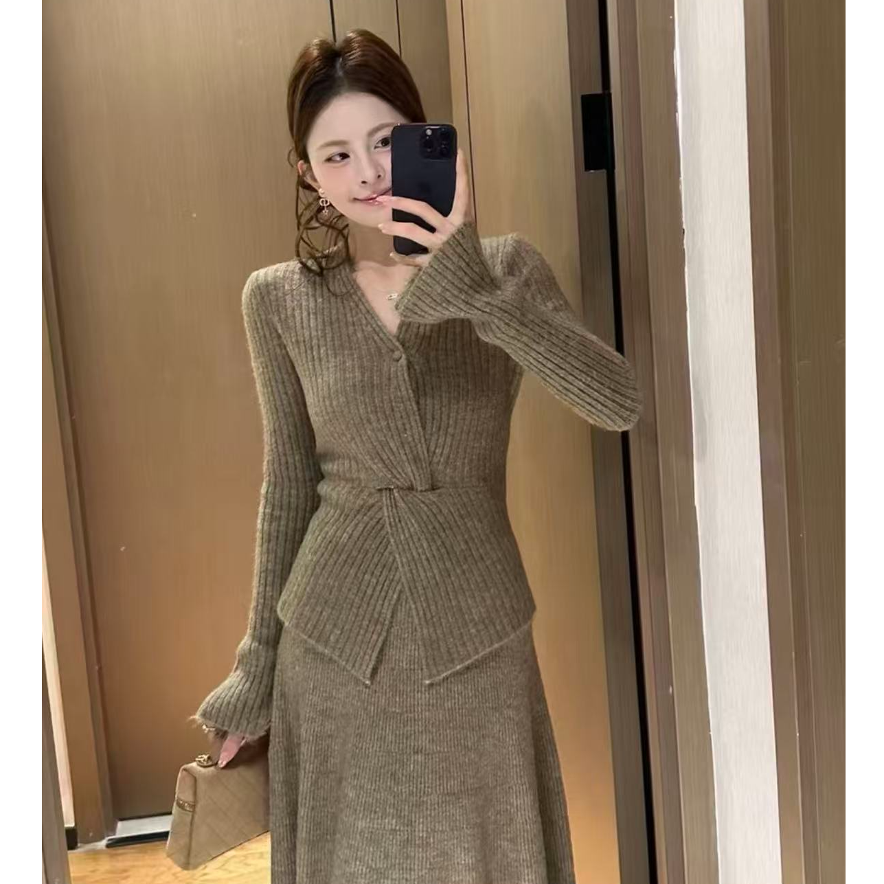 甜美风套装时尚套装森系长袖修身收腰秋冬时尚女半身裙