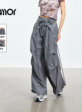 Jamor系绳时尚休闲裤工装裤2025夏季新款带屁帘灰色薄款裤子