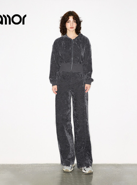 Jamor加墨时尚绒感连帽双拉链外套上衣直筒裤子2025秋冬新款女