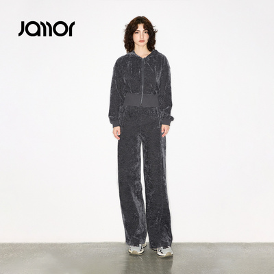 Jamor加墨时尚绒感连帽双拉链外套上衣直筒裤子2025秋冬新款女