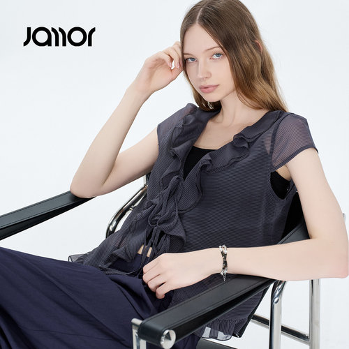 Jamor加墨荷叶边轻薄透视雪纺衫系带V领上衣女装2026夏季新款