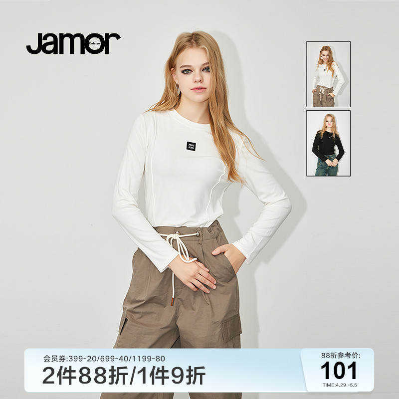 Jamor时尚圆领双色长袖T恤女冬季新款宽松百搭纯色打底衫加末 女装/女士精品 T恤 原图主图