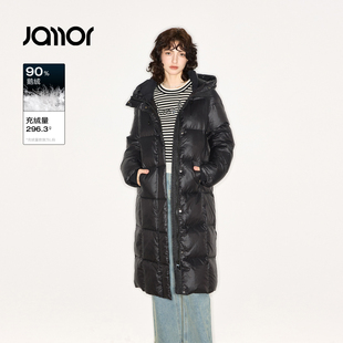 Jamor加墨黑色连帽羽绒服亮面直筒长款鹅绒服保暖外套2025冬新款