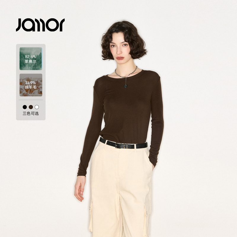 Jamorj加墨时尚圆领薄款打底衫简约T恤上衣2025秋冬新款女装极简