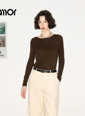 Jamorj加墨时尚圆领薄款打底衫简约T恤上衣2025秋冬新款女装极简