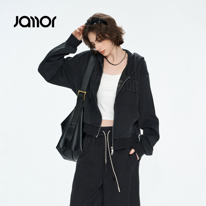 Jamor加墨复古做旧连帽卫衣开衫上衣双拉链运动休闲女装2026秋新