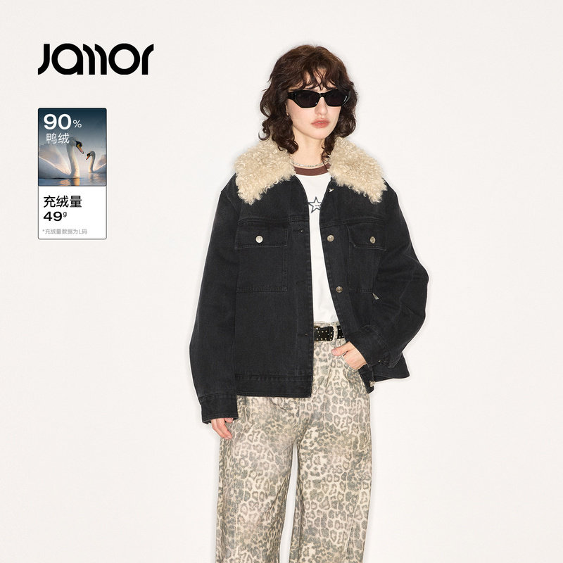 【商场同款】Jamor加墨复古牛仔羽绒服帅气带毛领保暖女2025冬新