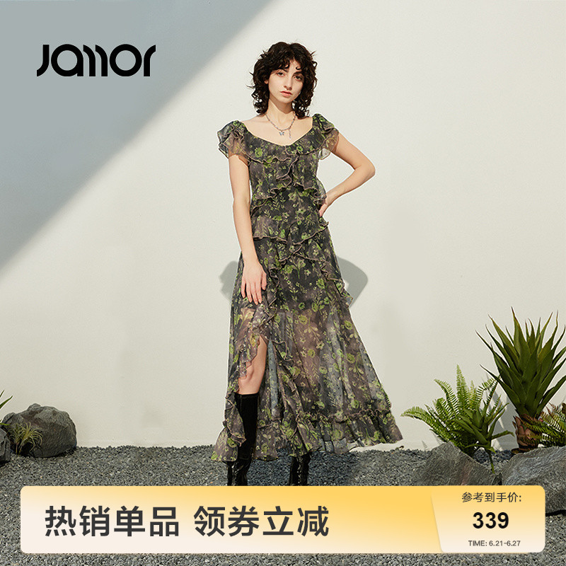 Jamor法式气质碎花连衣裙2025夏季新款荷叶边甜美吊带长裙