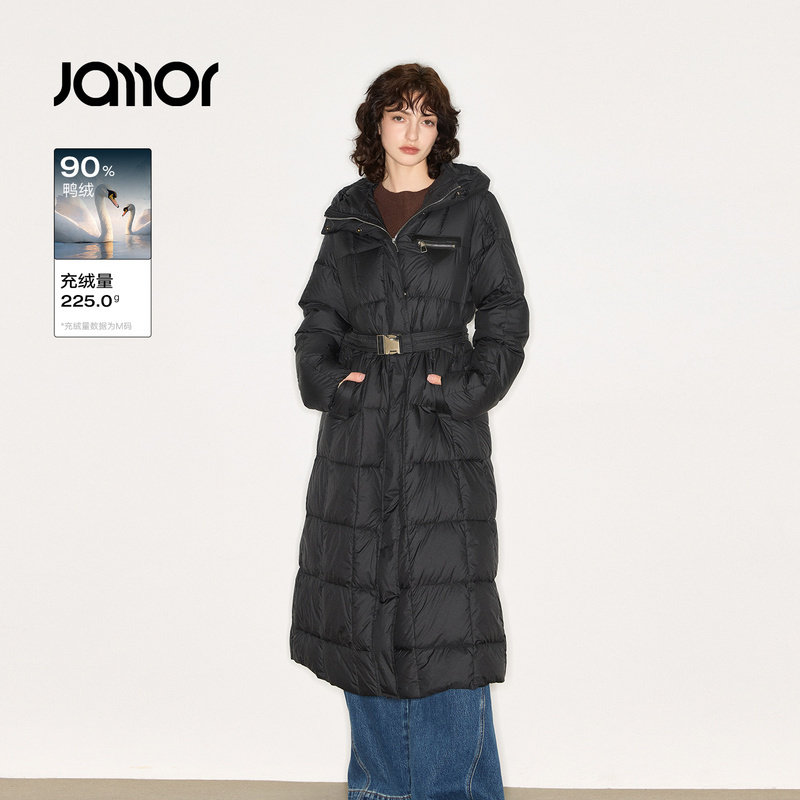 Jamor加墨时尚90鸭绒黑色羽绒服长款保暖外套简约收腰2025冬季新