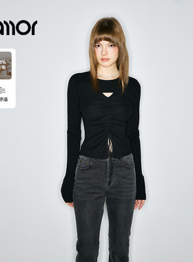 Jamor加墨时尚黑色针织衫个性抽绳辣妹修身2025秋冬新款上衣