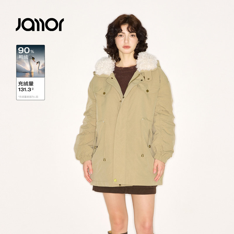 【商场同款】Jamor加墨毛毛领连帽羽绒服保暖外套中长款女2025冬