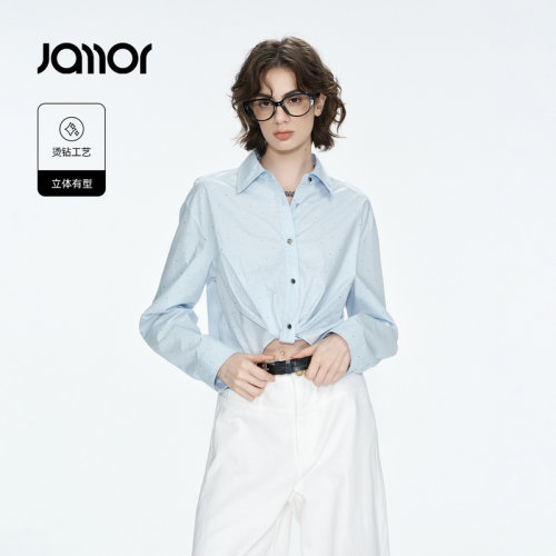 Jamor加墨时尚设计感短款烫钻衬衫上衣女装潮流2026秋季新款