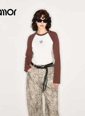 Jamor加墨时尚撞色插肩袖T恤上衣抓绒保暖打底2025秋冬新款