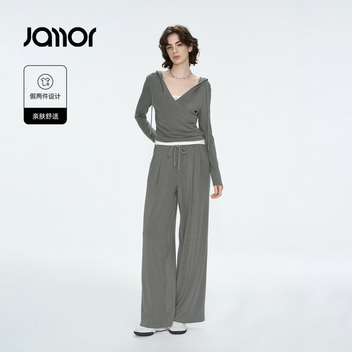 Jamor时尚休闲时尚拼接裤子显瘦好看潮流连帽假两件2026秋季套装