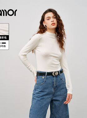 Jamor时尚黑色白色半高领T恤2025冬季新款修身显瘦基础打底