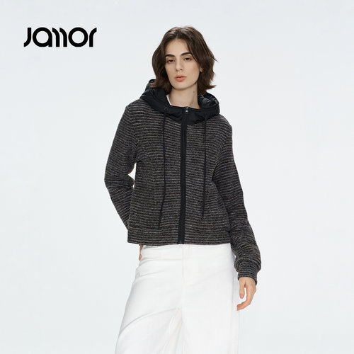 Jamor加墨细条纹撞色连帽开衫外套休闲简约拼接女2026冬季新款