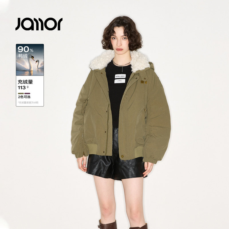 【商场同款】Jamor加墨连帽毛毛羽绒服保暖外套休闲女2025冬新