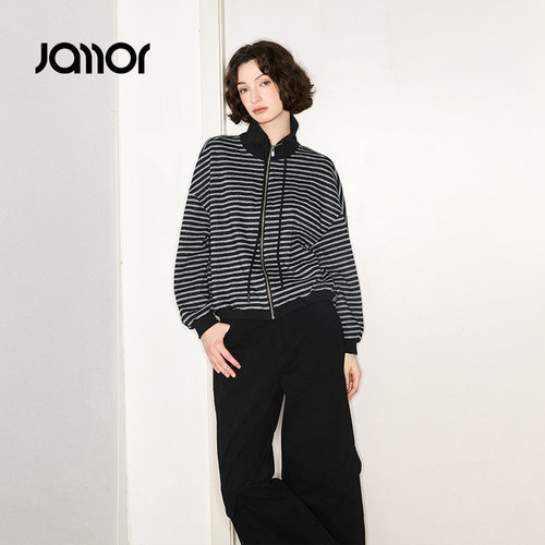 Jamor加墨条纹拉链休闲外套时尚潮流上衣2025秋冬季新款女装