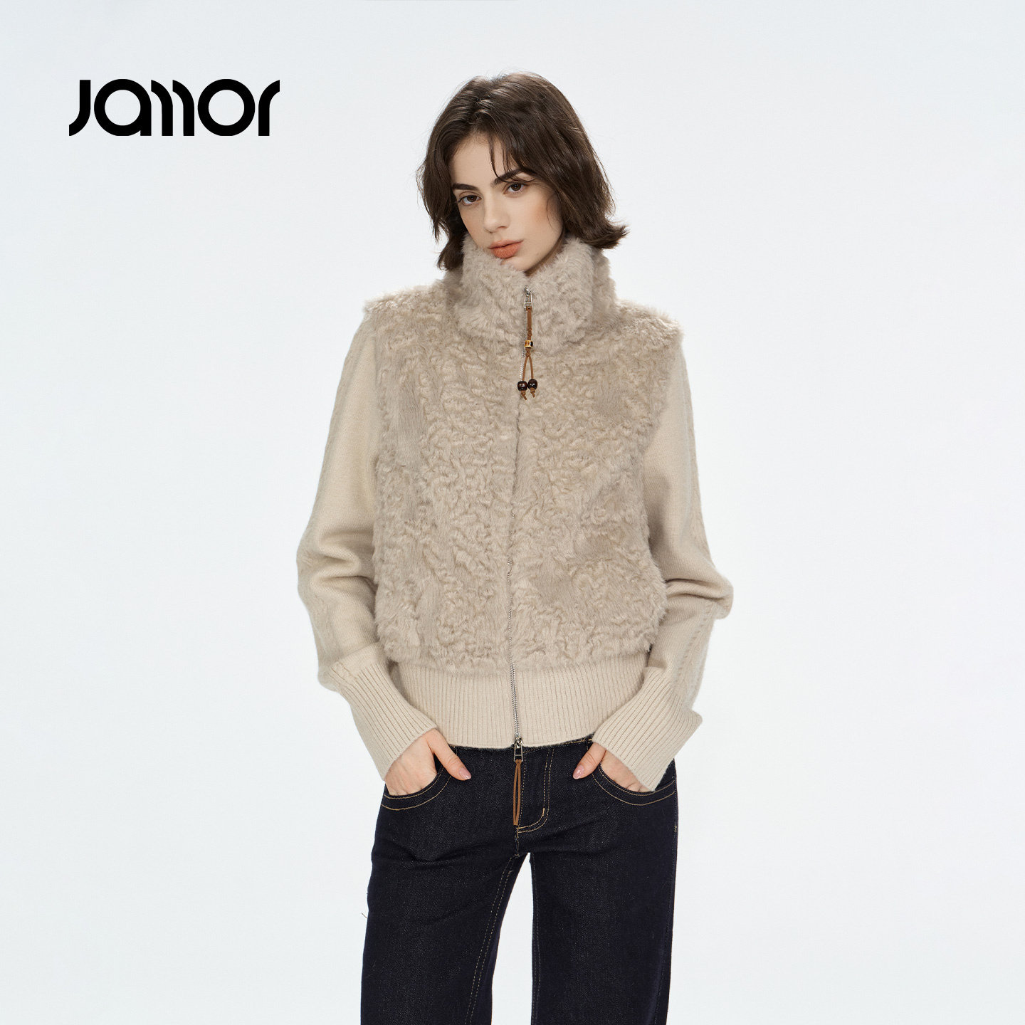 Jamor美拉德针织拼接毛绒短外套女拉链舒适上衣休闲2026冬季新款