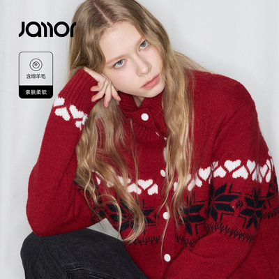 【时尚系列】Jamor加墨时尚元旦新年费尔岛红色针织毛衫毛衣春季