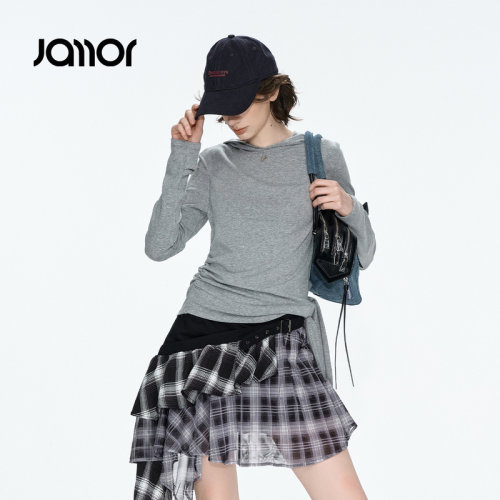 Jamor加墨时尚设计感连帽T恤上衣抽褶不规则女装潮流高级2026秋新