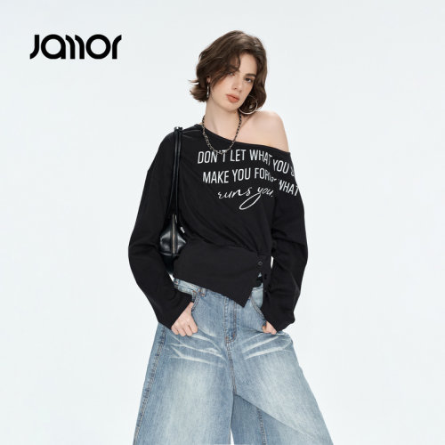 Jamor加墨设计感斜肩甜辣卫衣上衣潮流女装2026秋季新款