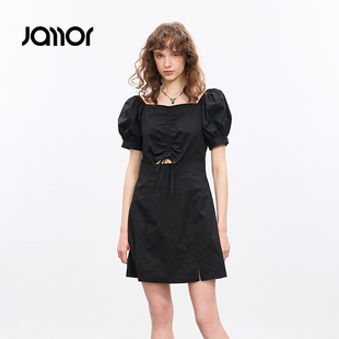 系绳小黑裙设计感裙子 Jamor时尚 方领连衣裙2025夏季 新款 泡泡袖
