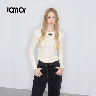 【设计师系列】Jamor加墨时尚镂空设计感白色T恤上衣简约圆领女士