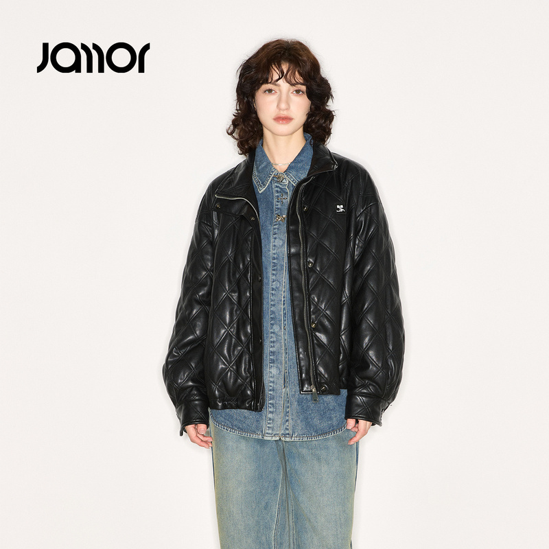 Jamor加墨时尚休闲棉衣黑色皮质外套保暖棉服帅气2025冬季新款