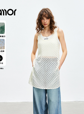 Jamor时尚镂空白色针织长款背心无袖上衣2025夏季新款休闲清新