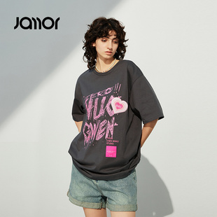 上衣 Jamor时尚 圆领休闲T恤女2025夏季 新款 字母涂鸦宽松短袖