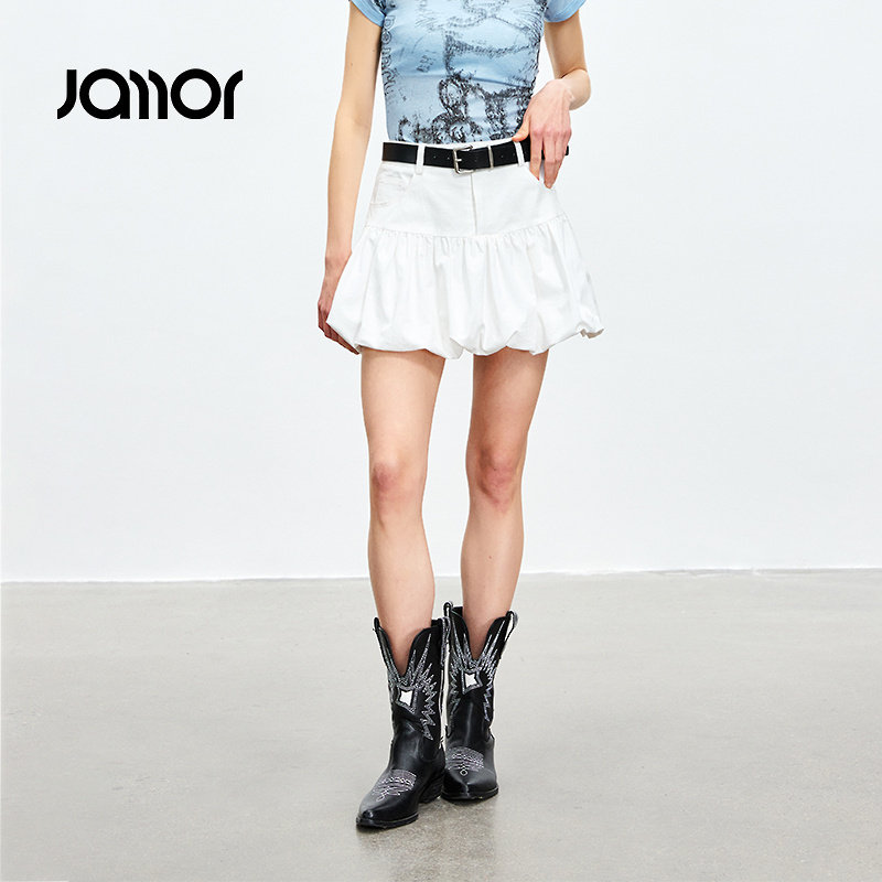 Jamor白色百褶牛仔半身裙2026夏新清新少女送腰带学院风短半身裙