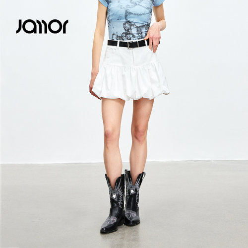 Jamor白色百褶牛仔半身裙2026夏新清新少女送腰带学院风短半身裙