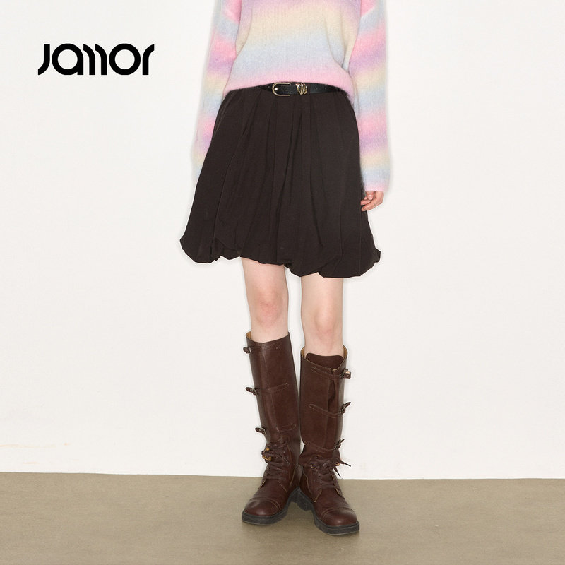 Jamor加墨高级灰百褶花苞裙子半身裙气质少女2026春新款