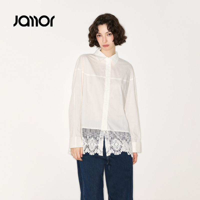 Jamor加墨白色蕾丝拼接衬衫时尚宽松2025秋冬新款气质